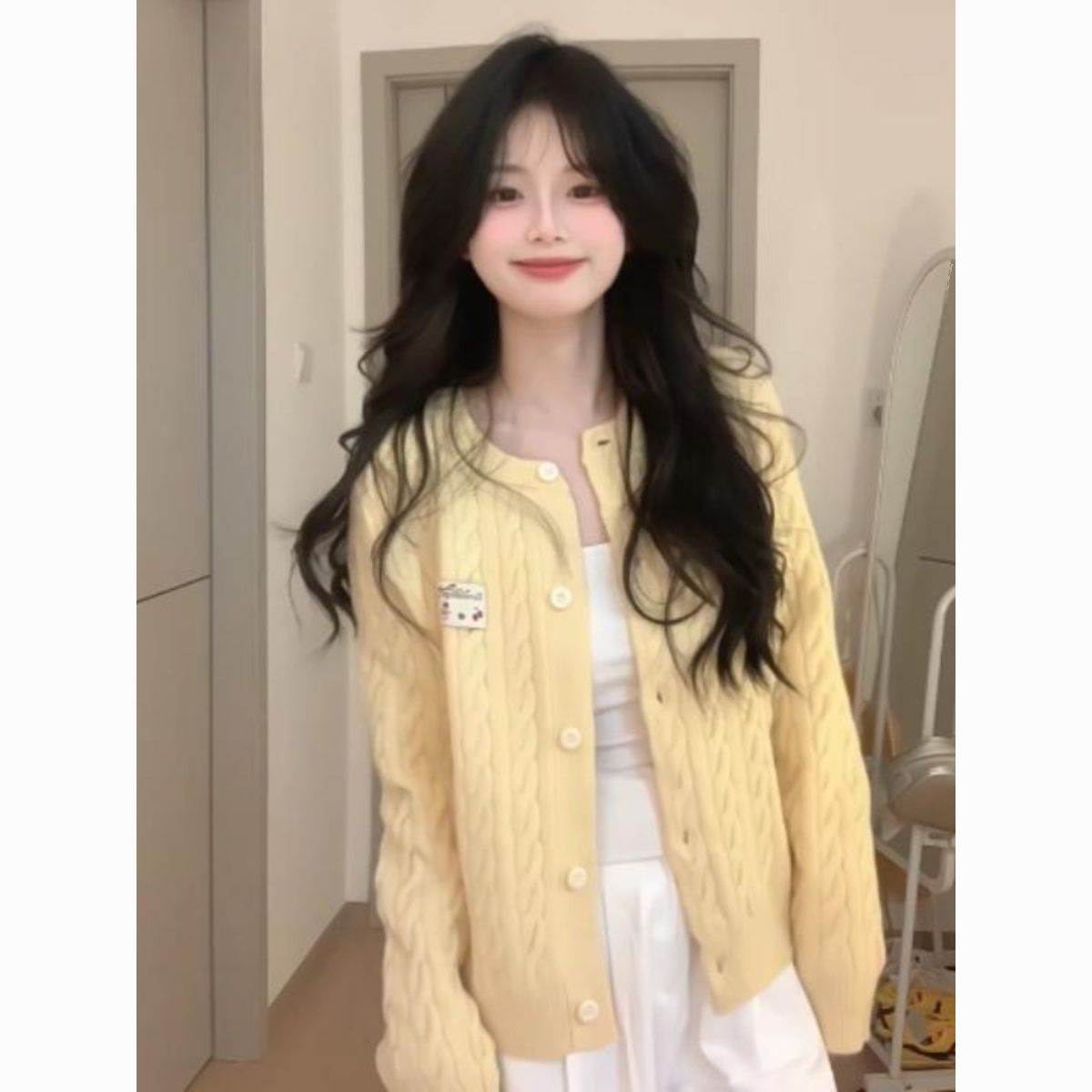 黄色开衫针织外套女新款春秋麻花毛衣高级感上衣韩系开春穿搭