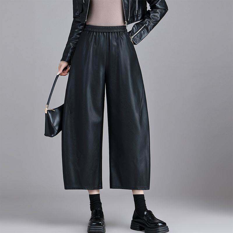 2026新款春秋宽松阔腿皮裤女松紧腰垂感休闲弯刀裤小个子八分裤子