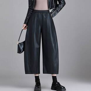 小个子八分裤 女松紧腰垂感休闲弯刀裤 子 春秋宽松阔腿皮裤 2026新款