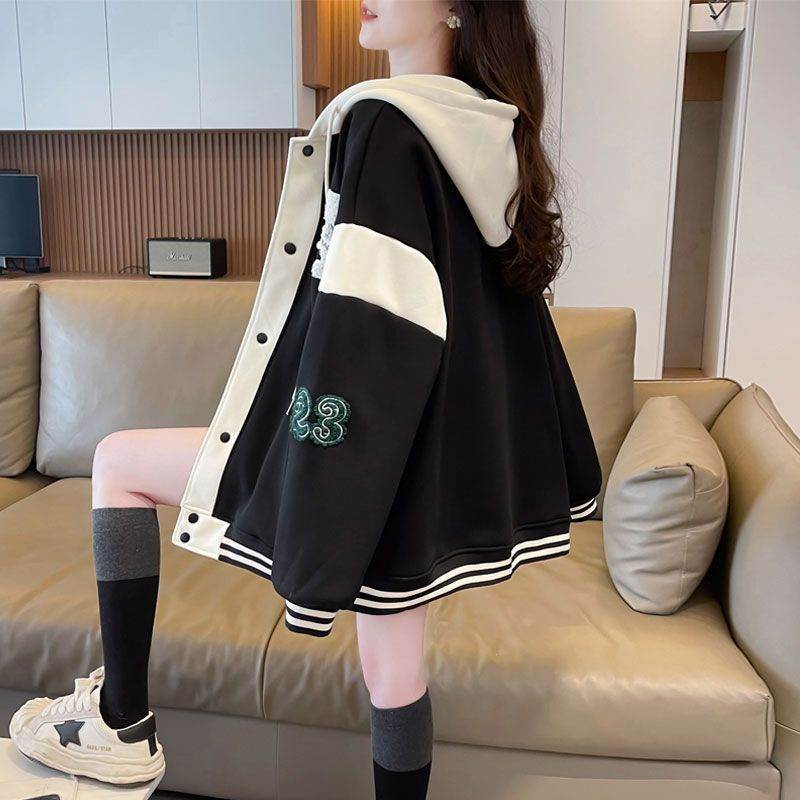 棉撞色棒球服外套女2026新款宽松初高中学生拼接连帽休闲卫衣