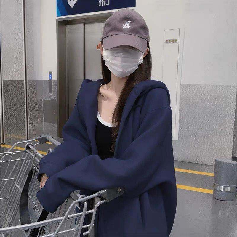 连帽卫衣外套女开衫春秋2026新款爆款藏蓝色春夏加绒加厚宽松上衣