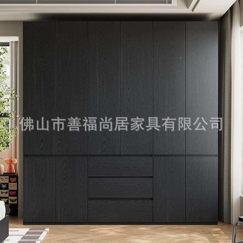 中风段式开衣柜家用卧室全黑色款橡木柜子平门-实木分出租房衣古