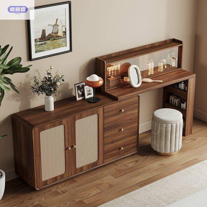 中古风藤编实木梳妆化台斗柜一体主卧DRJ室框转可伸缩角储物妆书