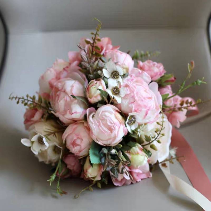 欧式复古烧边仿真牡丹红色橘色米色粉色新娘伴娘手捧花拍摄道具