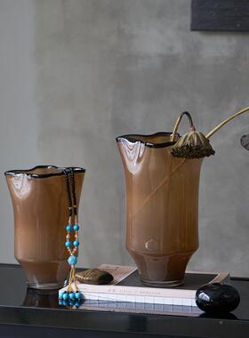 中古风边创意褶皱黑瓷手工大口咖色粉琉璃PIY花瓶玄关居样家台面