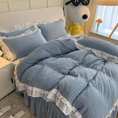 韩式小泡芙双GJP花水洗棉四件套生宿舍床边单被套床笠层三件学套