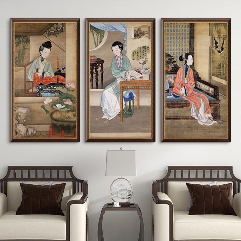 雍正十式二家美人图新中玄关名茶室504壁画工装温泉酒店人物装饰