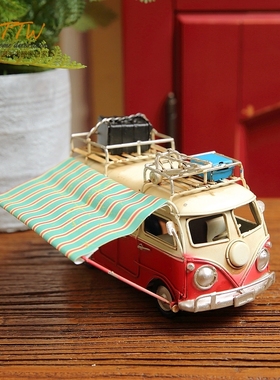 复古怀旧家f居书房电视柜装饰品摆件 旅游巴士模型