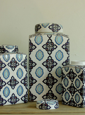 欧式家居摆件客厅玄关电视柜家C居饰品 方形陶瓷罐样板房摆设