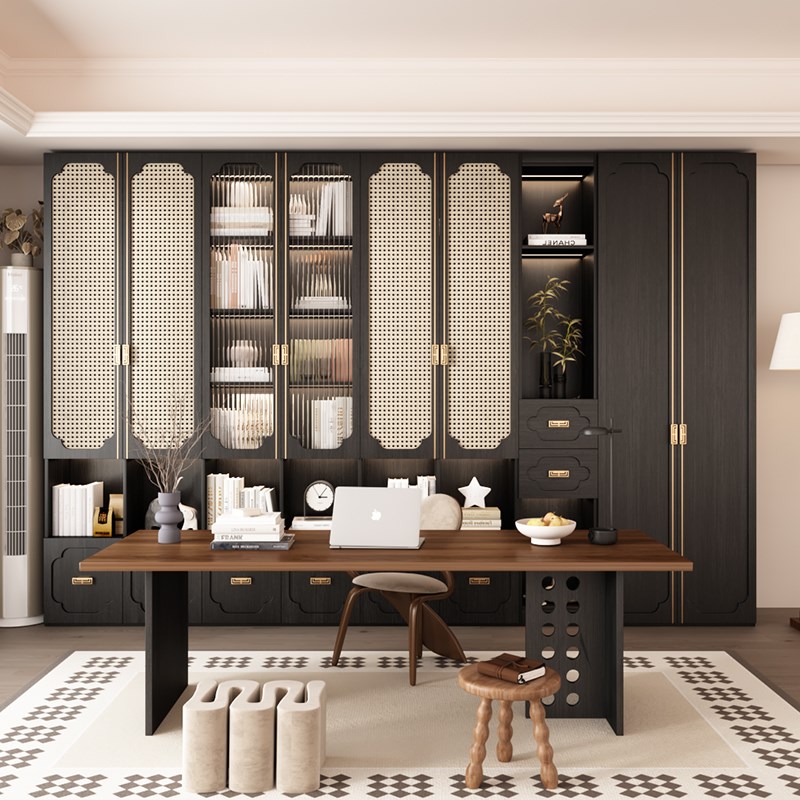 轻奢实木书柜家用客厅黑色沙发背景墙储物柜一体到顶满Z墙书架定