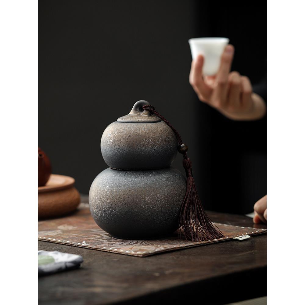 粗陶葫芦茶罐陶瓷密封罐储茶罐富鲁摆件功夫茶具普洱茶防潮储茶盒