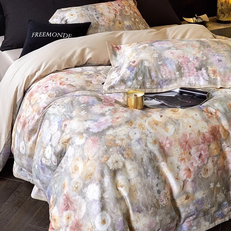 1秋冬100S天丝棉磨毛四件套高端复古数码印染被套床上用品粉绿色1