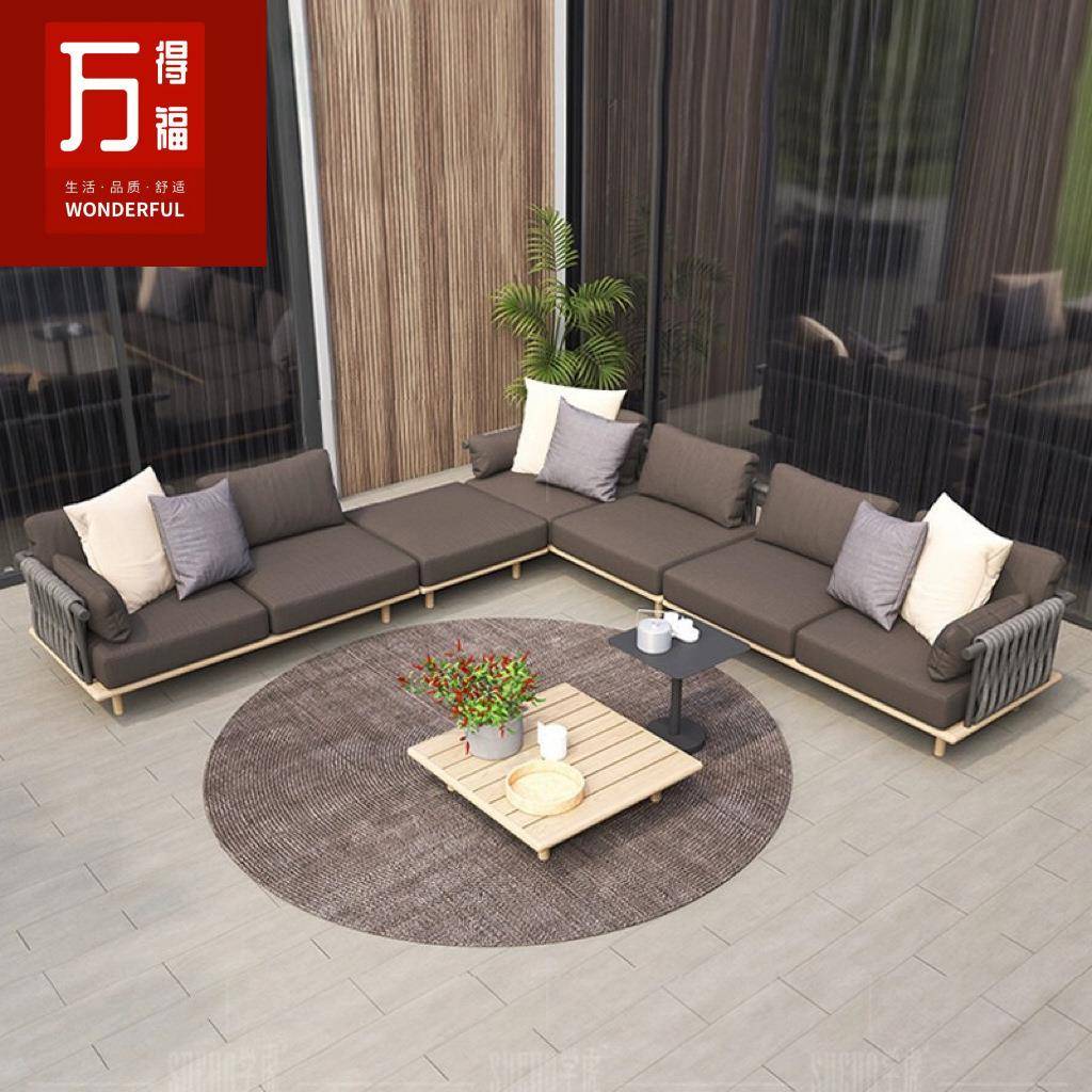 户外藤编沙发组合庭院花园休闲阳台室外北欧防水防晒柚木绳编沙发