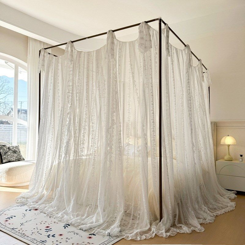 2025新款优雅蕾丝提花蚊帐复古宫廷风三开门落地铝合金支架公主粉,床上用品,蚊帐,淘宝优惠券,粉丝福利购,淘宝优惠卷