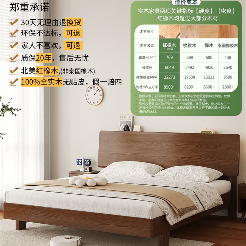 橡木床全实木床1米8双人床原木风现代简约1.52米单人床架出租房用