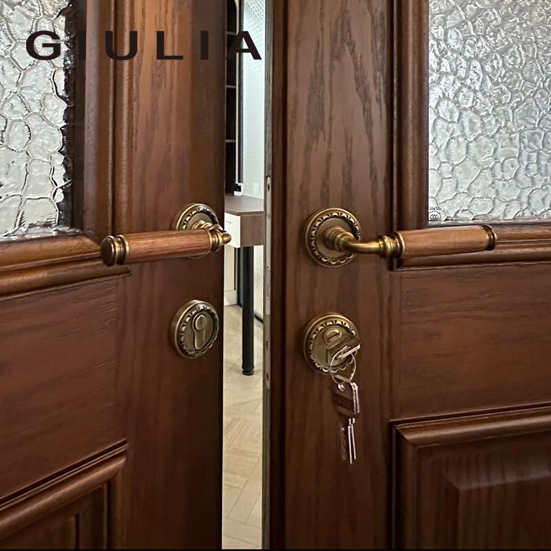 GIULIA意大利进口木头法式复古门锁卧室门把手黄铜磁吸静音门锁
