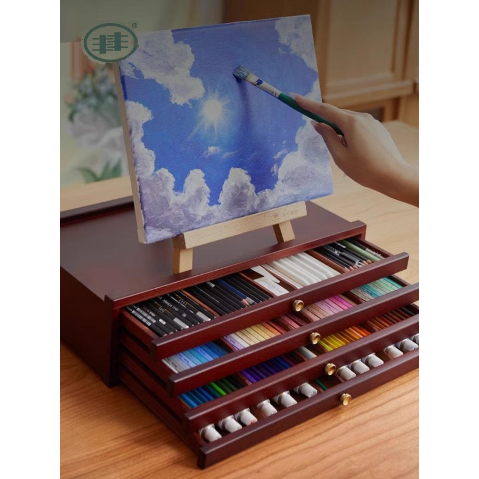 枫枫覆古核桃艺术学生抽屉绘画盒绘画盒绘画工具存储架画架彩色铅