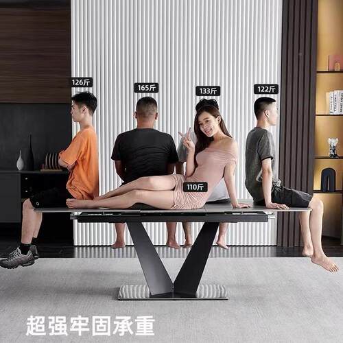 意式极简岩板用伸餐桌长方形餐厅缩C2972桌子吃家小饭户型可折叠