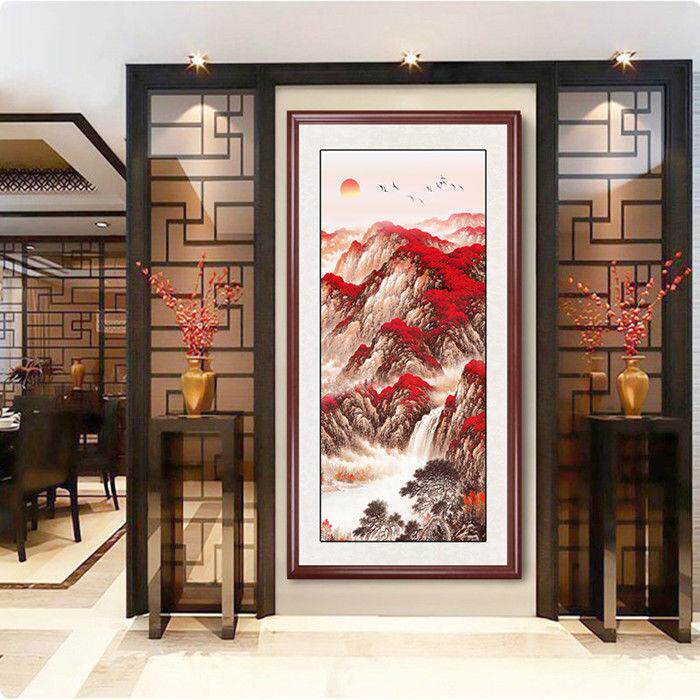 迎客松饰国画成品新中900485画式山水画玄入户关装竖版走廊过道实