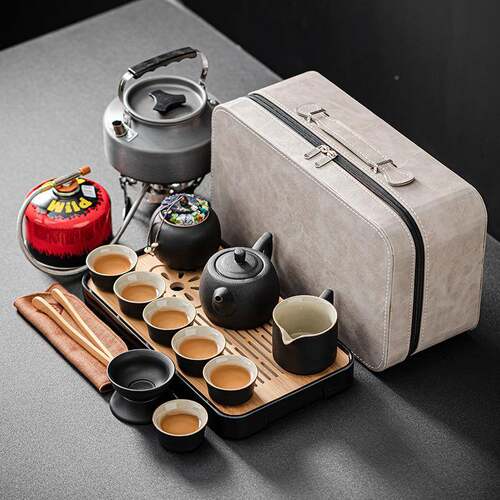户外旅行茶具套煮装泡茶装备F96769TM带收水烧炉便携车载露营茶炉