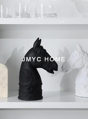 MRT轻奢意白马首雕塑术黑摆件家居客厅书房式艺酒柜电视柜简约装