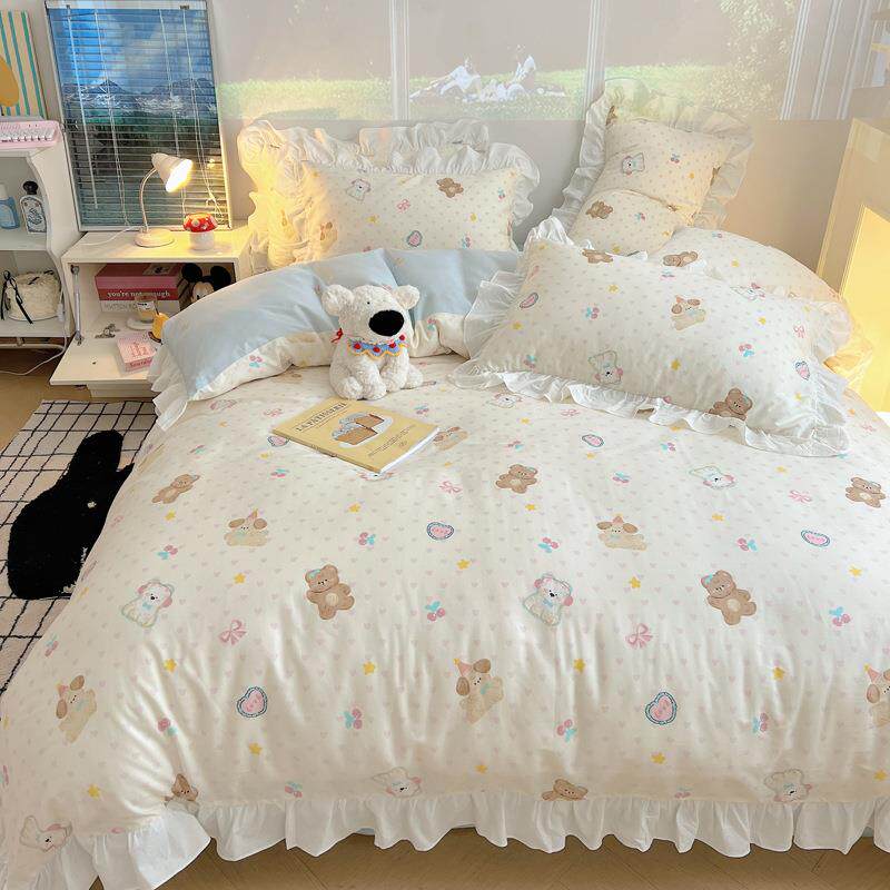 宿奶风纯棉床上四件套全棉床品女生花边被套床单人学油生舍六三件