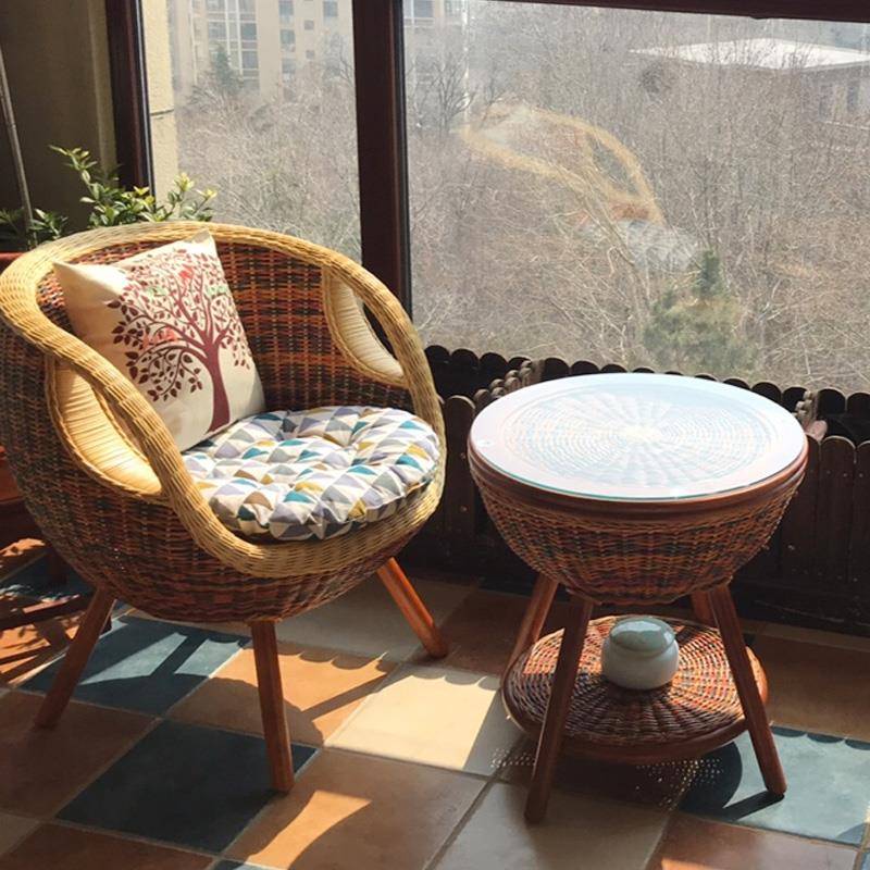 N5藤F75HM9ST椅客三套台小阳桌椅单人庭院厅休闲真藤茶几组件合藤