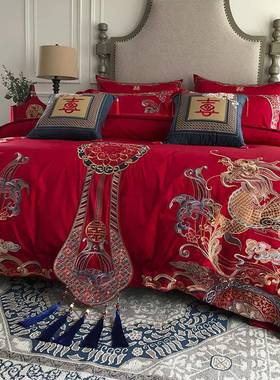 婚庆四件套大红全棉H1085婚刺绣结婚床上用新喜被套色件纯品棉绣