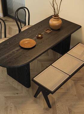 中古风黑色实木餐桌桌一体半圆靠客厅饭家墙用小法户型PGD复古式