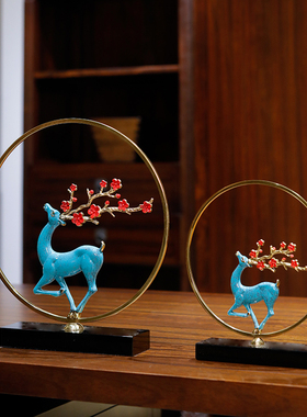 新中式酒柜装饰品铜鹿摆件客厅电视柜装饰柜样T板间桌面工艺品