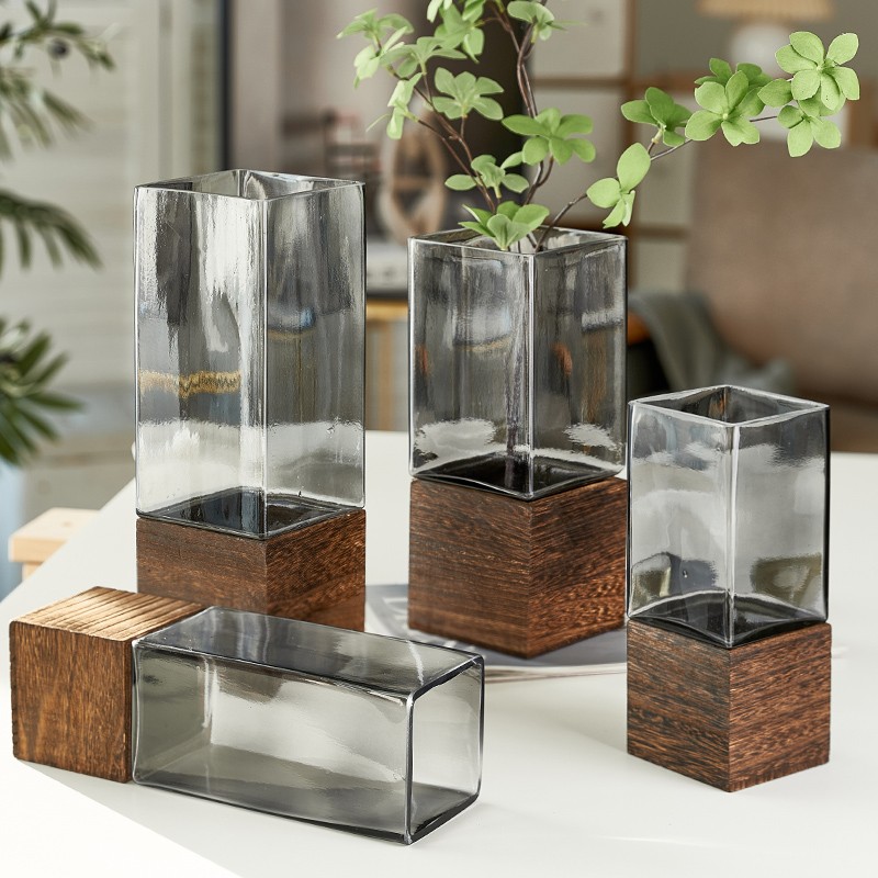 新中式实木方口花瓶摆件客厅w插花玻璃透明鲜花干花马醉木水培花