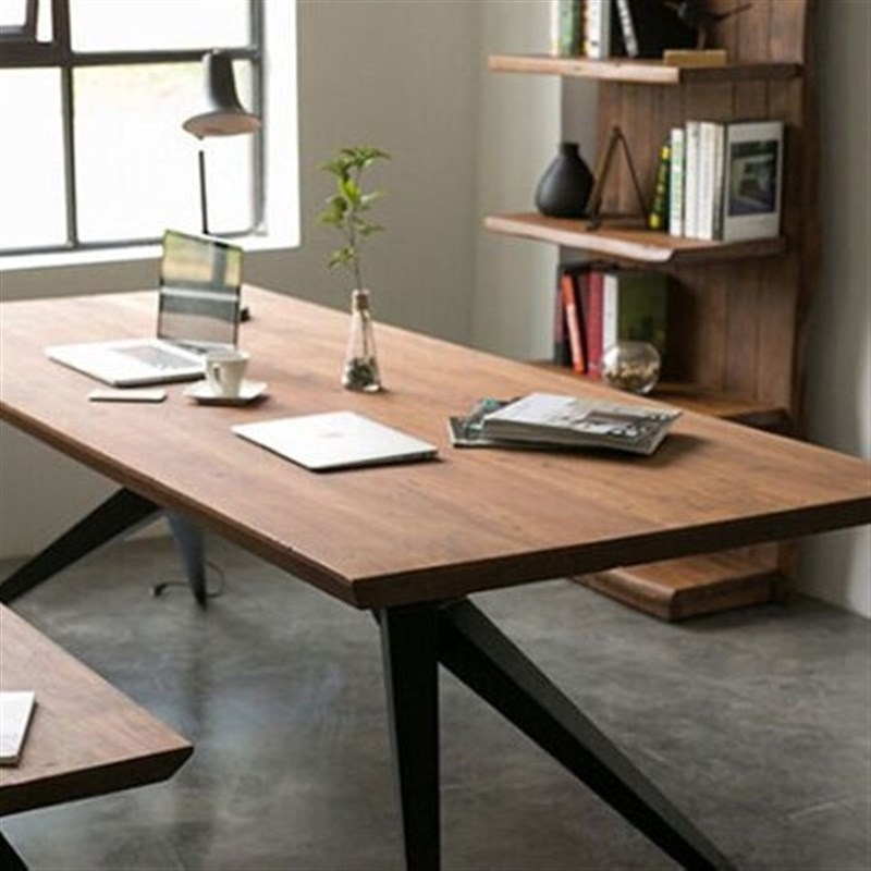 美式铁艺实木餐桌椅组合简约现代会议桌工业风工作台实木办公桌子
