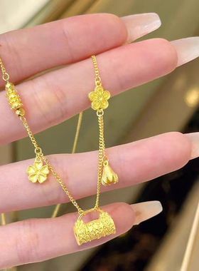 沙金四叶草流苏锁包项链