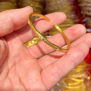 新中式古法实心錾刻精致拉丝六芒星手镯 沙金手镯时尚气质百搭