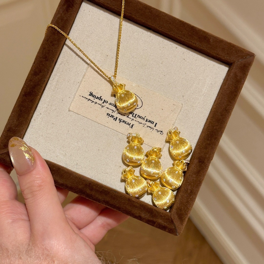 古法金色镶钻拉丝福袋吊坠项链女中式轻奢高级感花丝钱袋子锁骨