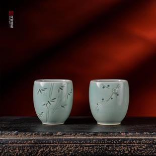 问物道瓷龙泉窑青瓷对杯玲珑主人杯纯手工陶瓷功夫茶具茶杯品茗杯