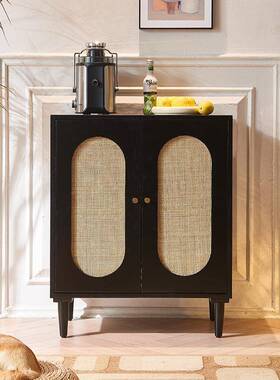藤编实木边柜日式黑色餐厅小户型大容餐量双收纳门柜双PLI子层对