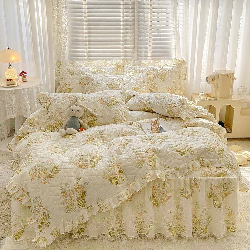 韩版棉床笠式床裙纯二合一全全套四件套棉边花被套床上4XMW件套