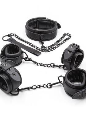 Black Genuine Leather Bdsm Bondage Set 3pcs Restraints Colla