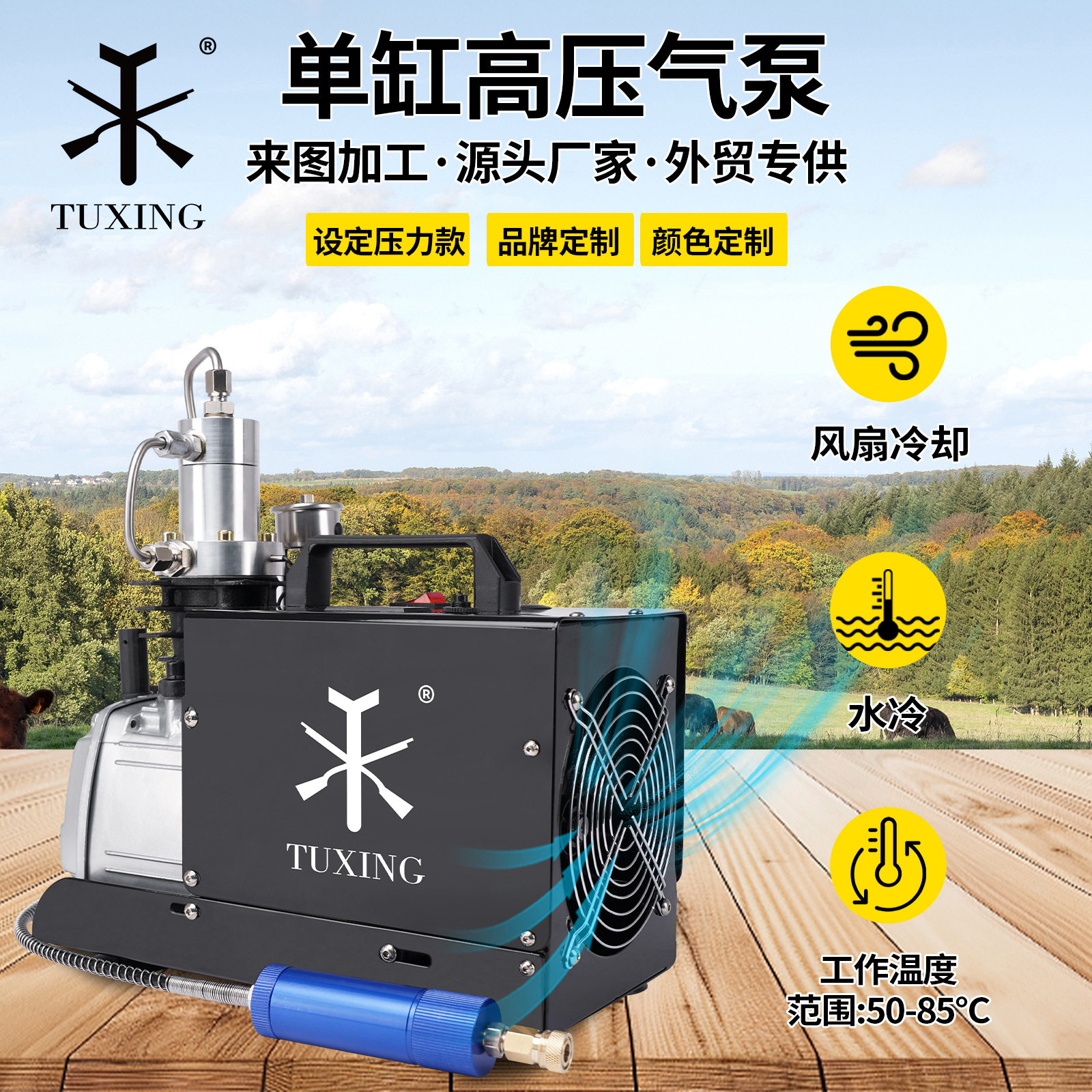 TUXING高压充气泵30mpa单缸高压电动打气机220v打气泵自动停机