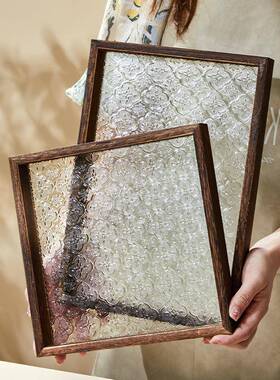 复质托海棠花盘家YPJ用长古方形玻璃茶盘高颜值水果木点心装饰收