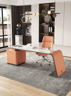 轻奢爱马橙色高办公书桌2米意式进口岩板书房转NTZ角端桌写