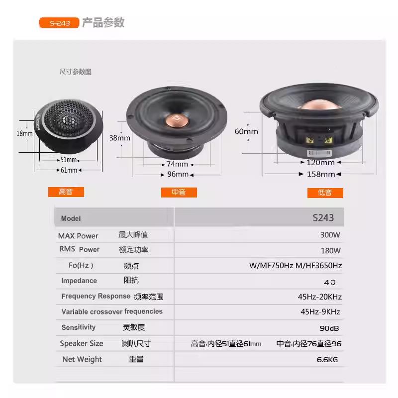 德国A牌汽车音分响改喇叭6喇.5寸套装装喇叭三48202频叭中音高音