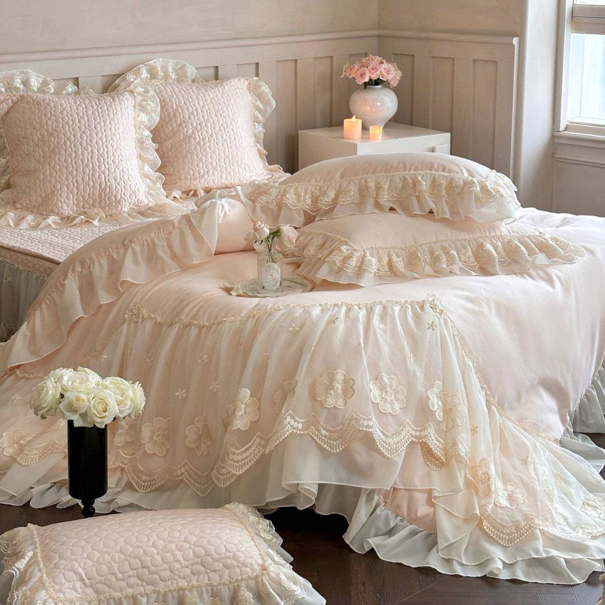 法式仙女粉高色ZDH40S被长绒棉四件1套公主风蕾丝边套床单纯棉全