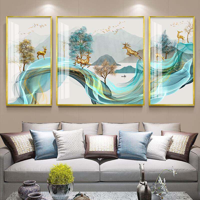 麋飞鸟办公室客厅装饰画新中招财三轻奢画现代简约招财联式GNB鹿
