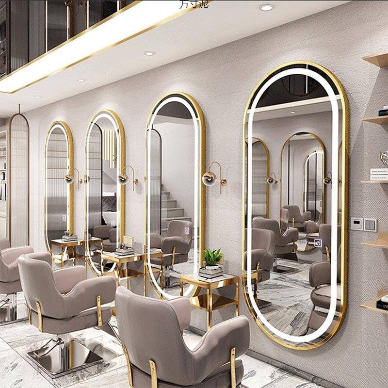 理发店镜网红美发镜子发廊专用QDO潮柜子一体简款落约台带灯LED地