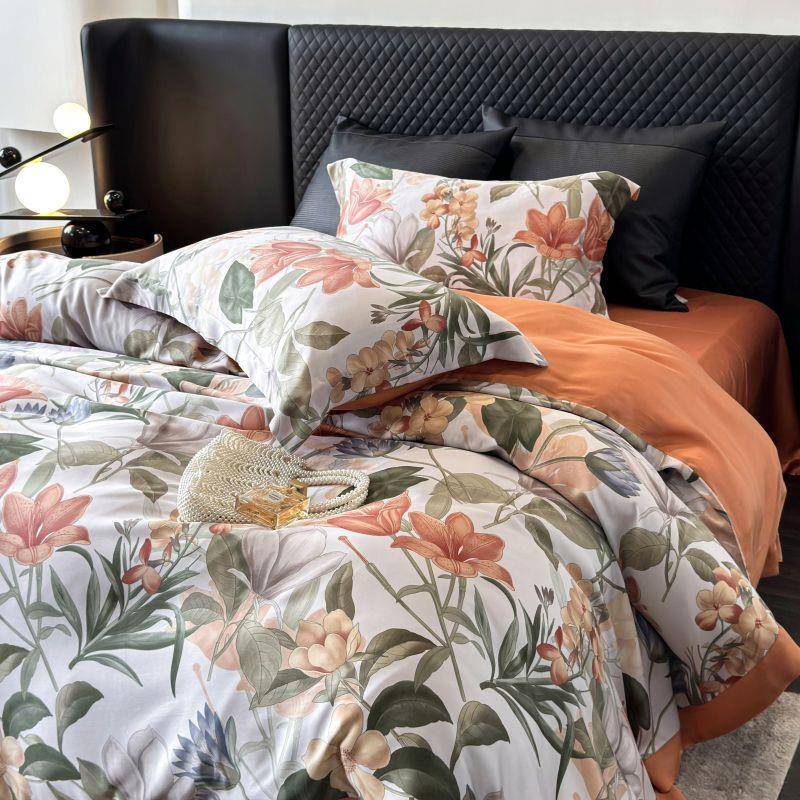 店四季GXI夏季丝兰精天丝凉感印家花酒双人卧室被套用滑四件套