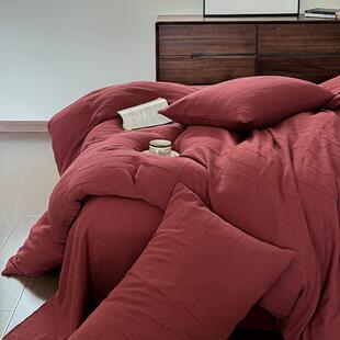 安拉红全棉纯棉色织双层纱布哥四件婚套新婚庆ANE床单被套结上床