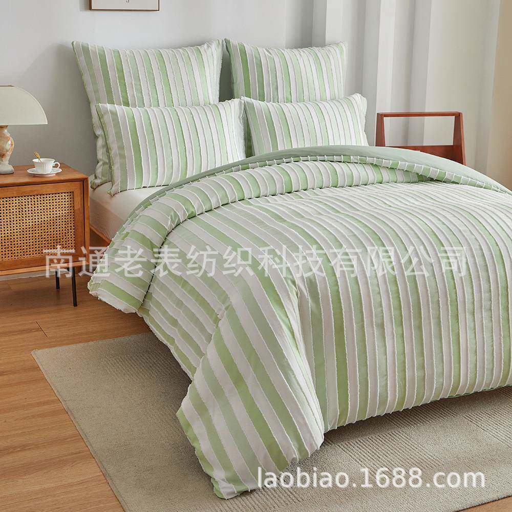 花XLT老表跨境供货厂欧美亚马家逊床上用品剪竖条纹床盖件三套