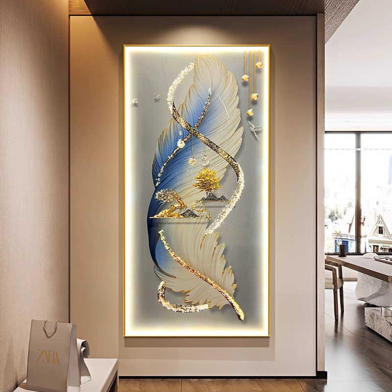 轻奢羽毛LNF关玄装饰画现代头简约带灯画LED走廊过道尽挂画竖版壁